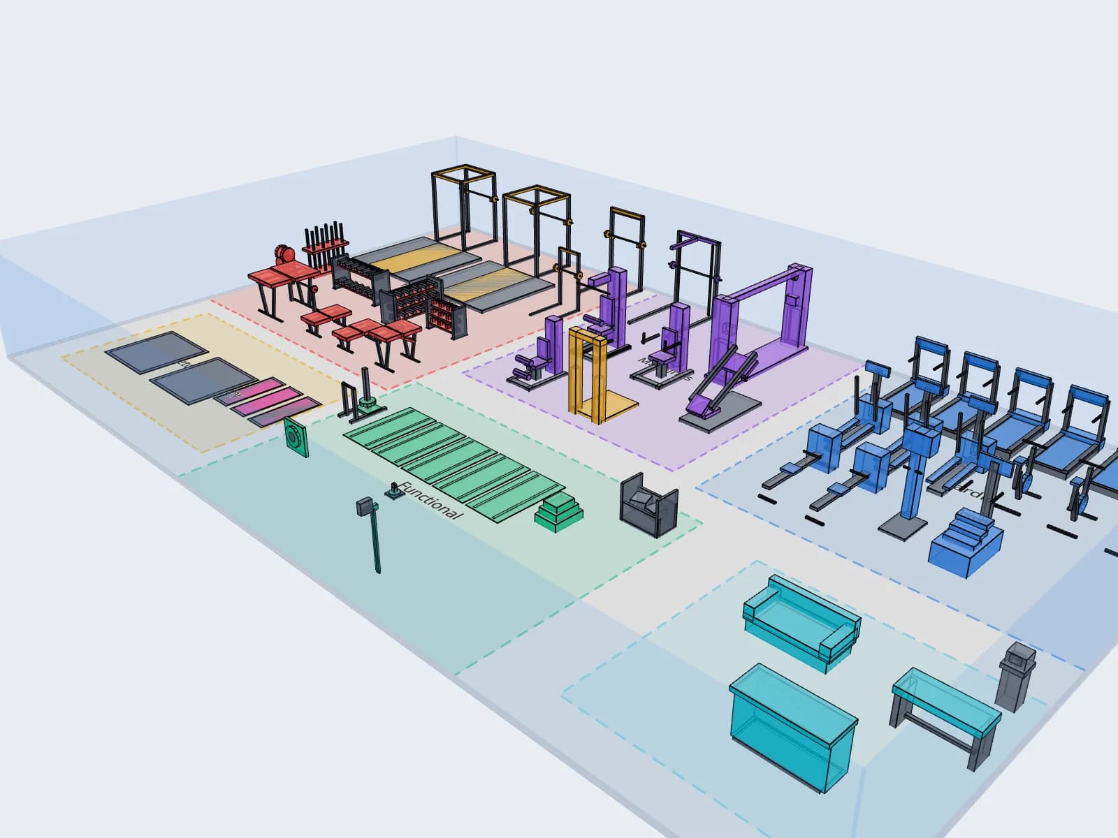 A gym floor planned in Spatium: power racks and lifting platforms along the back wall, a row of four treadmills, cable machines and benches, seen in 3D from above.