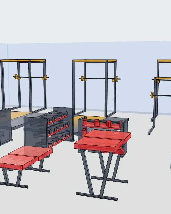 Eye-level 3D view inside the gym: power racks, dumbbell racks and benches at their real size